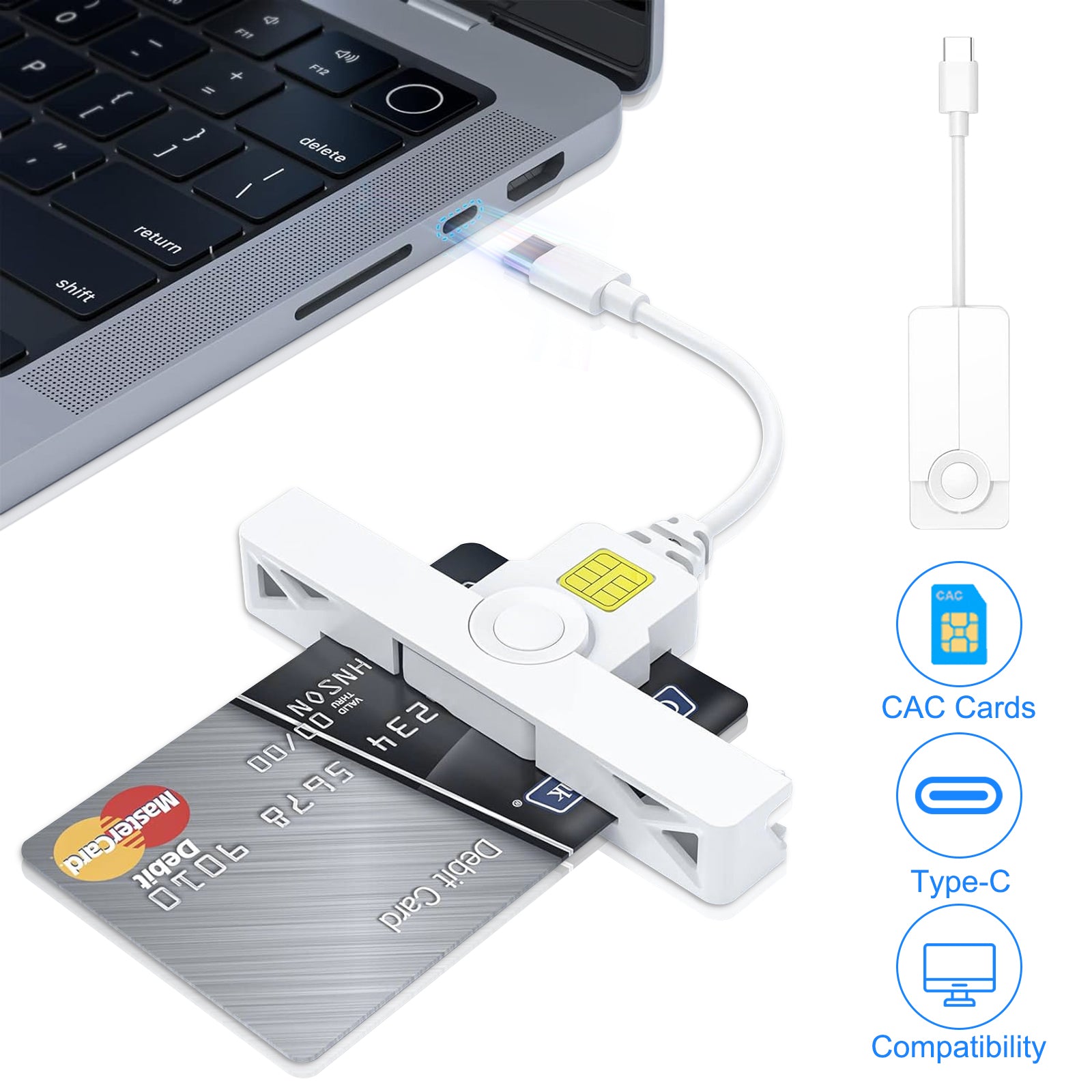 Fold Portable Type-C Smart CAC Card Reader - DOD Military Compliant CAC and PIV Card Reader for Secure Access on Windows Mac OS - White