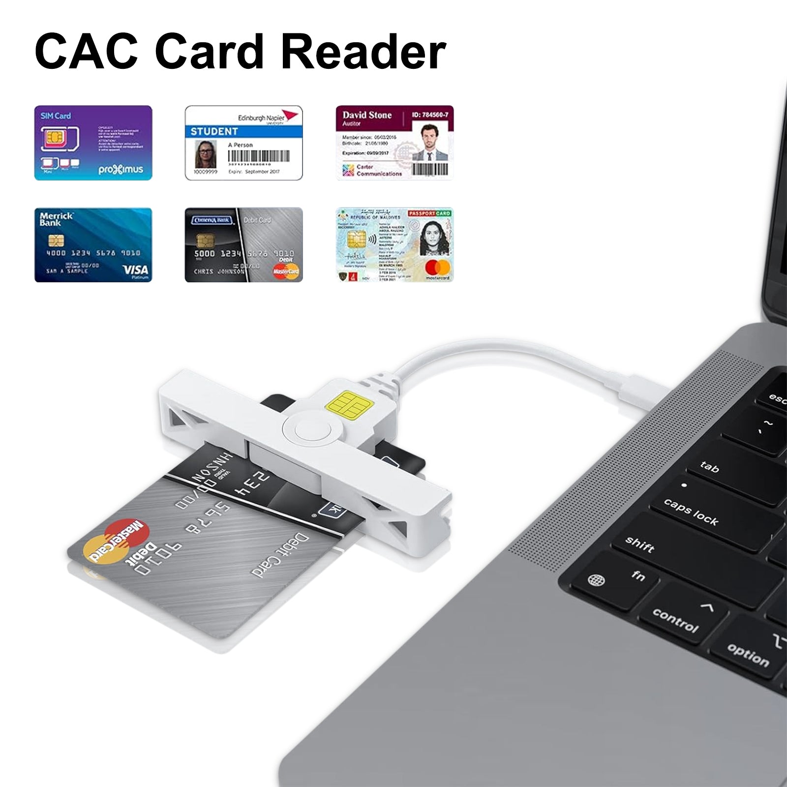 Fold Portable Type-C Smart CAC Card Reader - DOD Military Compliant CAC and PIV Card Reader for Secure Access on Windows Mac OS - White