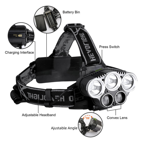 Rechargeable Headlamp, 5 LED Flashlight, 5 Modes USB, Waterproof, 8000 Lumens