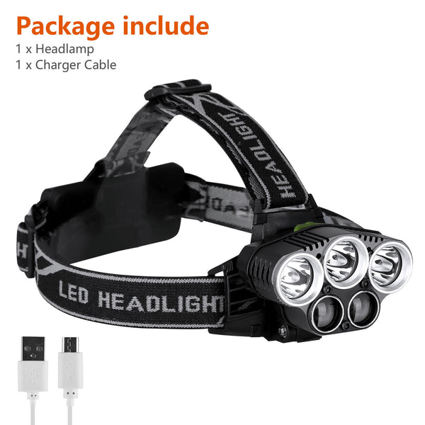 Rechargeable Headlamp, 5 LED Flashlight, 5 Modes USB, Waterproof, 8000 Lumens