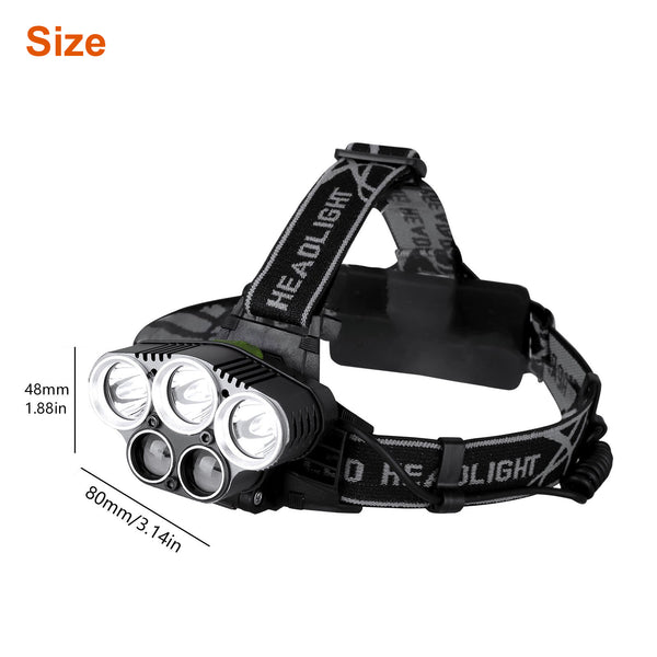 Rechargeable Headlamp, 5 LED Flashlight, 5 Modes USB, Waterproof, 8000 Lumens