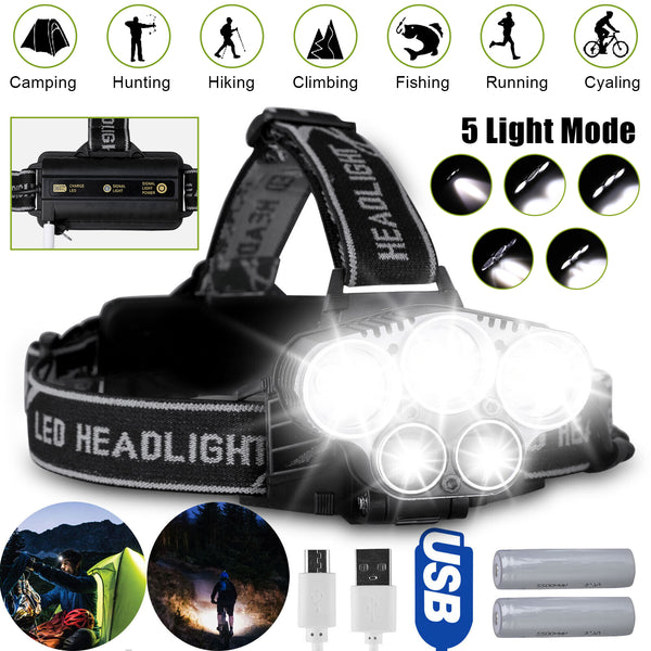 Rechargeable Headlamp, 5 LED Flashlight, 5 Modes USB, Waterproof, 8000 Lumens