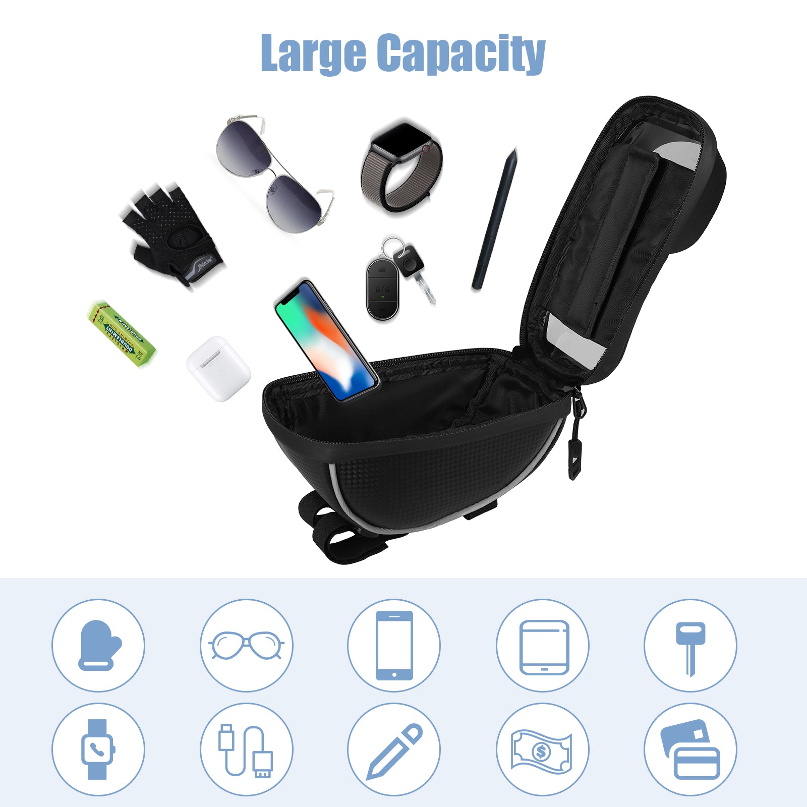 Large Bike Phone Mount Bag, Waterproof Bike Bicycle Front Handlebar Bicycle Accessories Sensitive Touch Screen Compatible with iPhone 11 12 Pro Max XR XS Samsung Note Plus Pixel