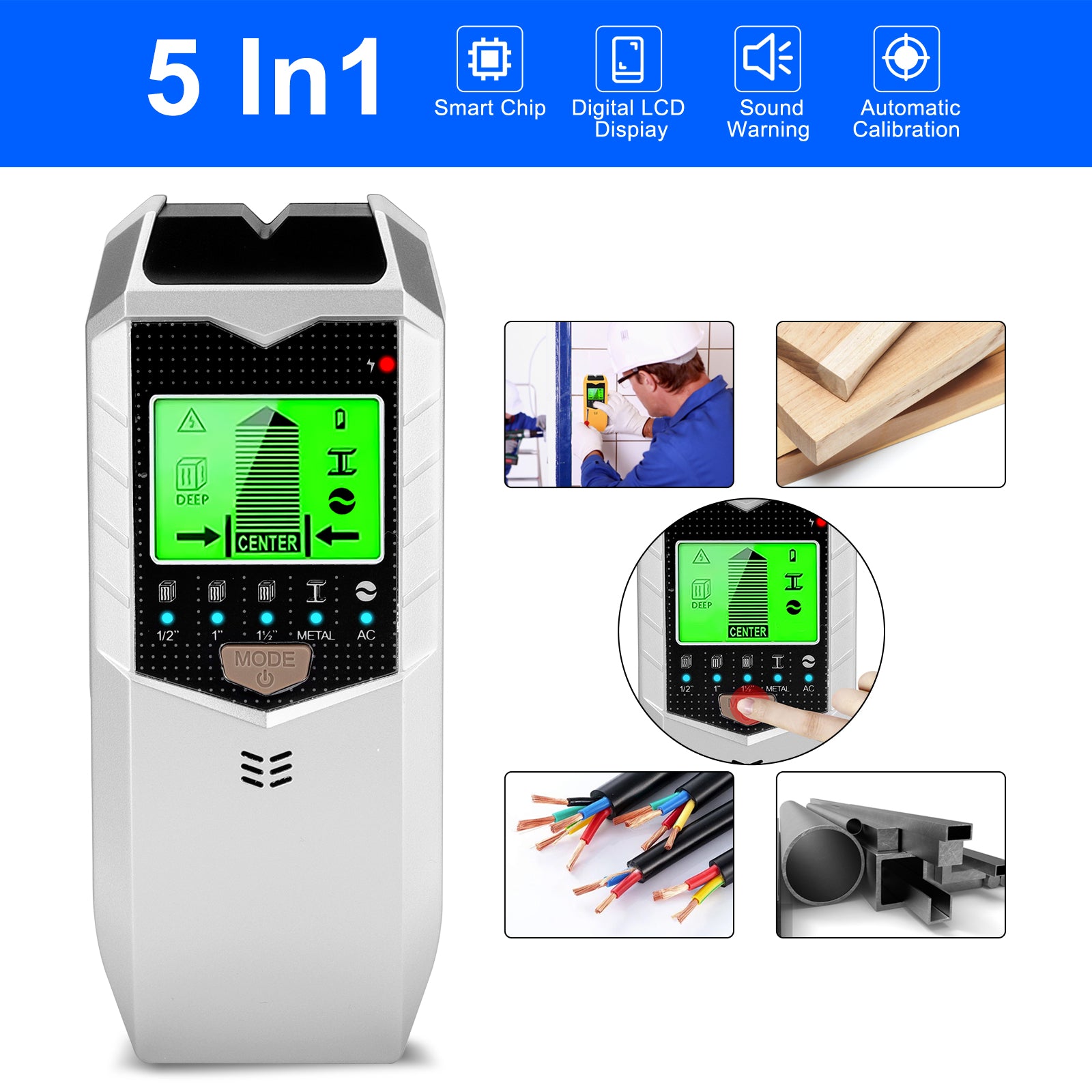 5-in-1 Stud Finder Wall Scanner, LED Display & Audio Alarm, Wood, Meta