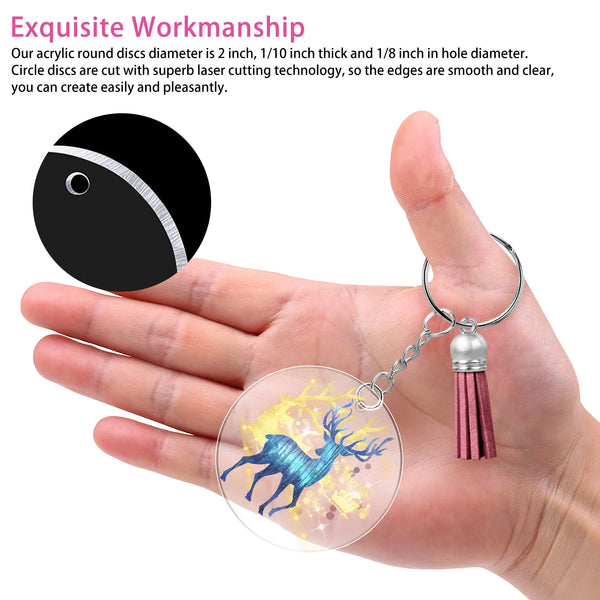 DIY Acrylic Keychain Kit - 108Pcs Transparent Ornament Craft Set: 36 Clear Circle Discs, Key Rings, Colorful Tassels