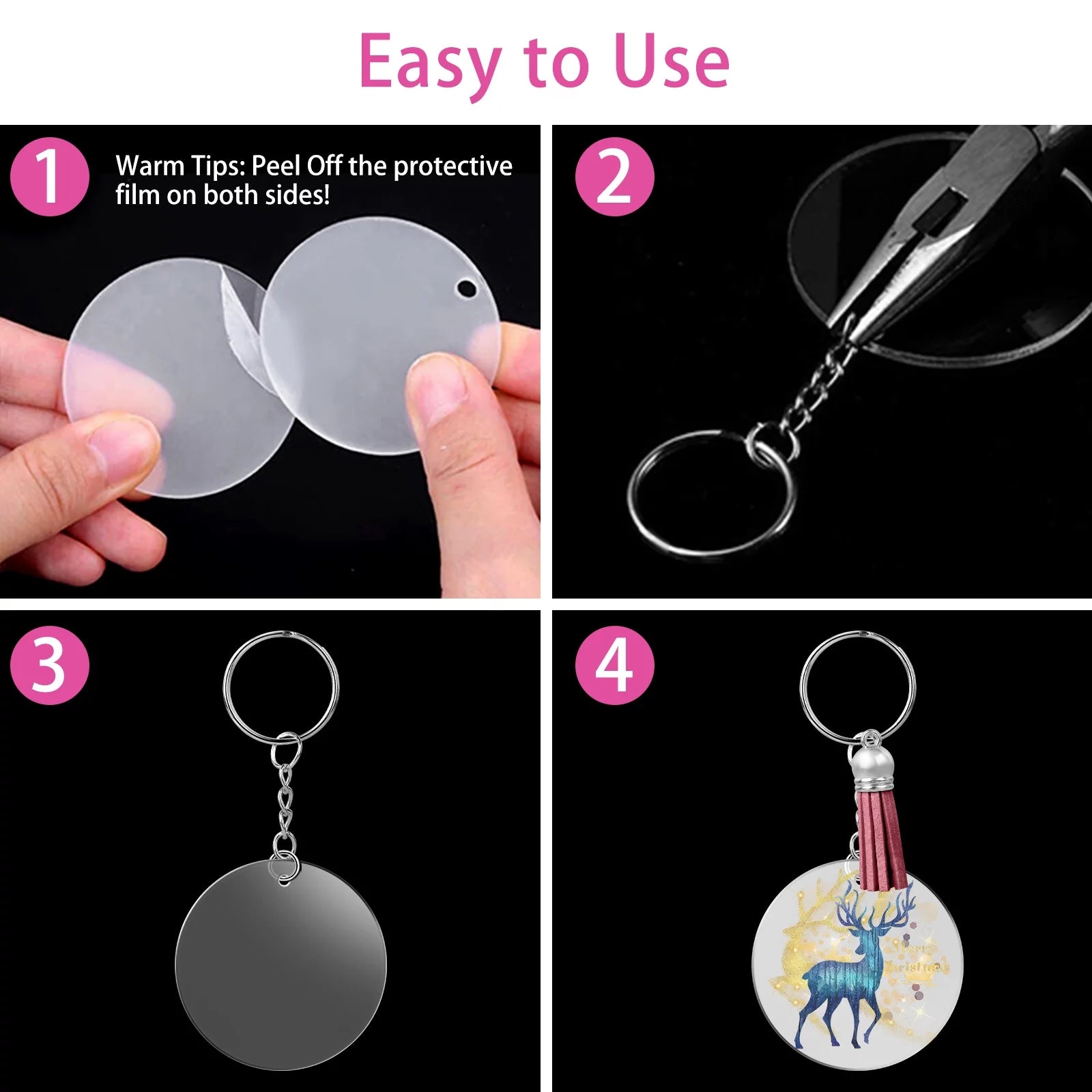 DIY Acrylic Keychain Kit - 108Pcs Transparent Ornament Craft Set: 36 Clear Circle Discs, Key Rings, Colorful Tassels