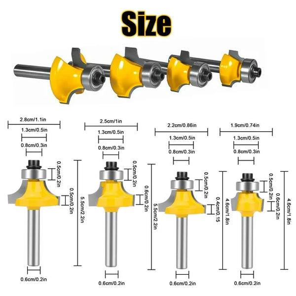 4 PCS 1/4" Shank Roundover Edging Router Bit Set Corner Rounding Edge Forming Roundover Beading Router Bit Set - 5/16" 3/16" 1/4" 1/8" Radius