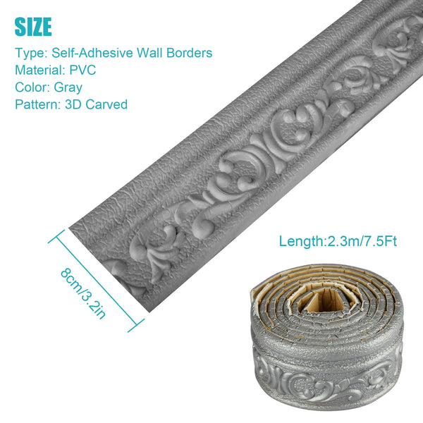 7.5"x 3.2" PVC Self Adhesive Waterproof Wall Border, 2/1pcs 3D Flowers Sticky Decorative Wall Lines Wallpaper Border for Home, Office, Hotel DIY Decoration, White/Gray