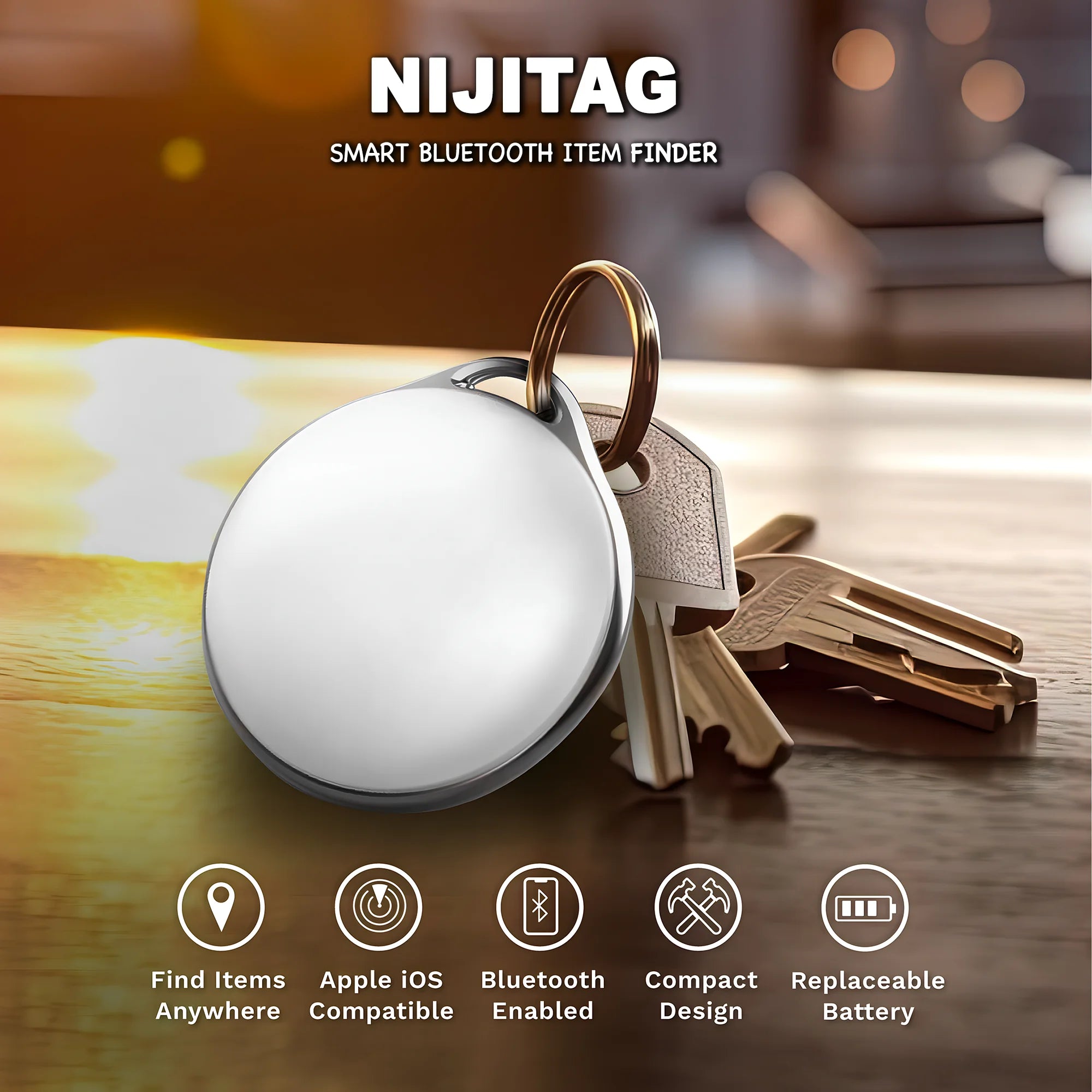 NIJITAG Smart Tag Bluetooth Key Tracker For Dogs, Cats, Cars, Wallet, Luggage, Item Finder with Unlimited Range Tracking within Apple’s Find My app - iOS devices only (Pearl White/Charcoal Gray))