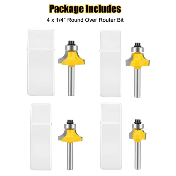 4 PCS 1/4" Shank Roundover Edging Router Bit Set Corner Rounding Edge Forming Roundover Beading Router Bit Set - 5/16" 3/16" 1/4" 1/8" Radius