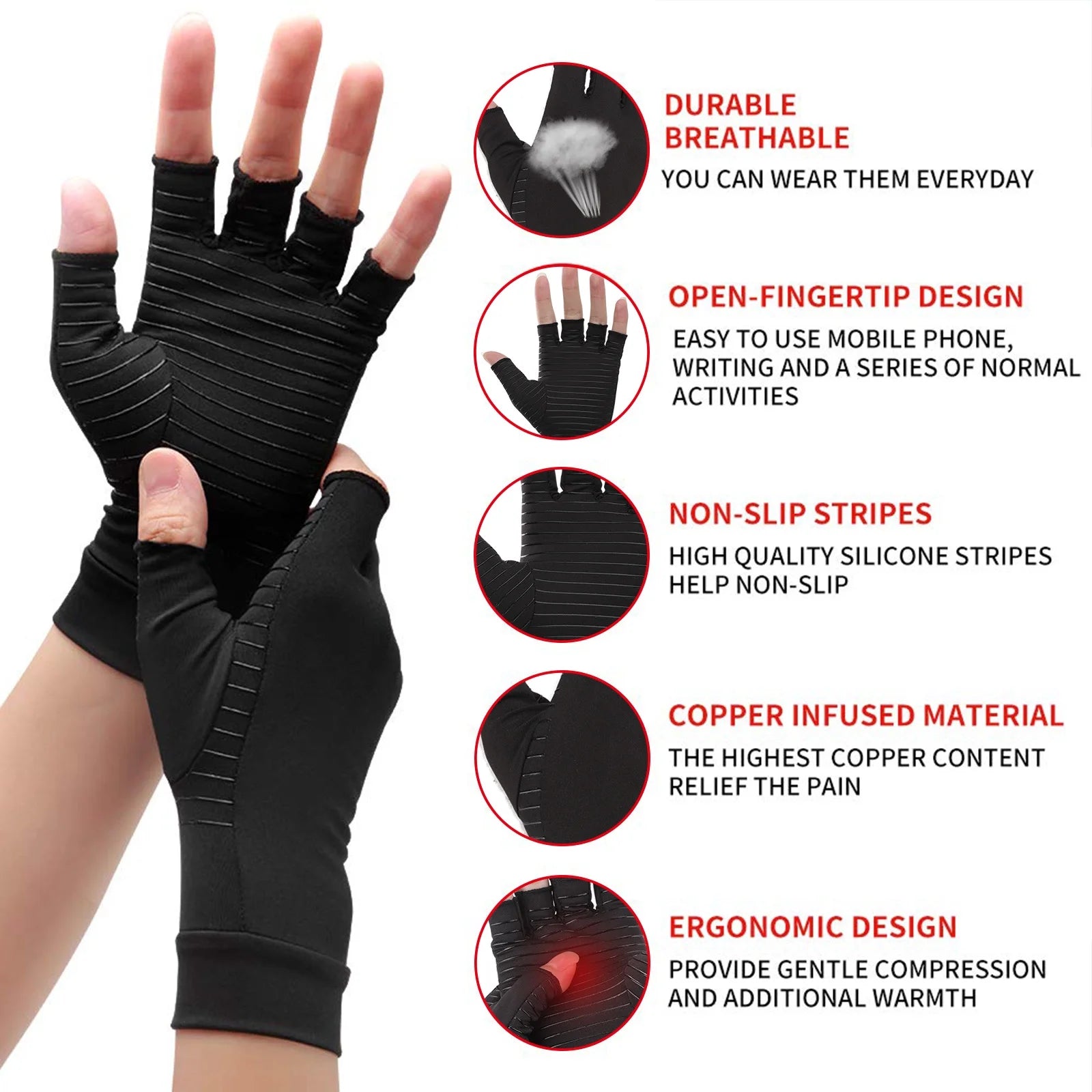 Copper Polyester Arthritis Gloves for Women & Men, Compression Gloves, Odorless & Comfortable, Joint Pain Relief Half Finger Brace Therapy Wrist Support for Arthritis Relief